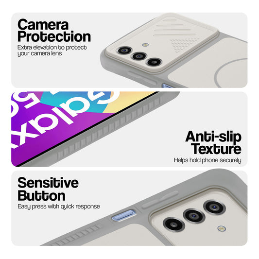Grey-White phone case for Samsung F17 5G  showing camera safety edges, anti slip side grip and easy press button covers.