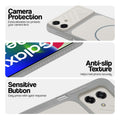Grey-White phone case for Samsung F70e 5G showing camera safety edges, anti slip side grip and easy press button covers.