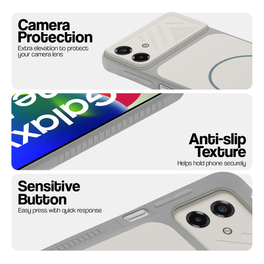 Grey-White phone case for Samsung F70e 5G showing camera safety edges, anti slip side grip and easy press button covers.
