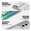 Grey-White phone case for Samsung M07 showing camera safety edges, anti slip side grip and easy press button covers.