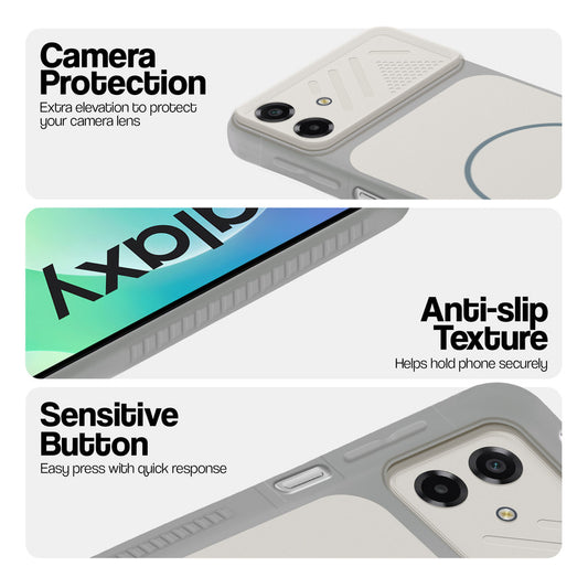 Grey-White phone case for Samsung M07 showing camera safety edges, anti slip side grip and easy press button covers.