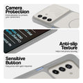 Grey-White phone case forSamsung M17 5G showing camera safety edges, anti slip side grip and easy press button covers.