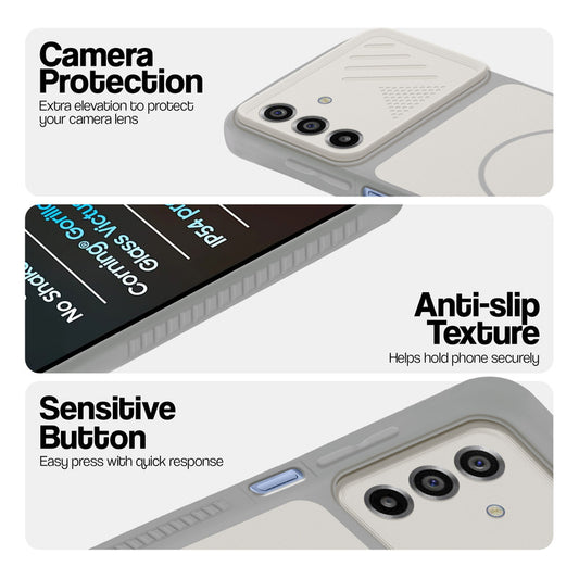 Grey-White phone case forSamsung M17 5G showing camera safety edges, anti slip side grip and easy press button covers.