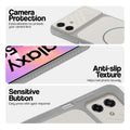 Grey-White phone case for Samsung M17e 5G showing camera safety edges, anti slip side grip and easy press button covers.