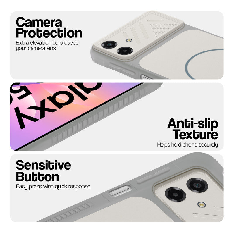 Grey-White phone case for Samsung M17e 5G showing camera safety edges, anti slip side grip and easy press button covers.