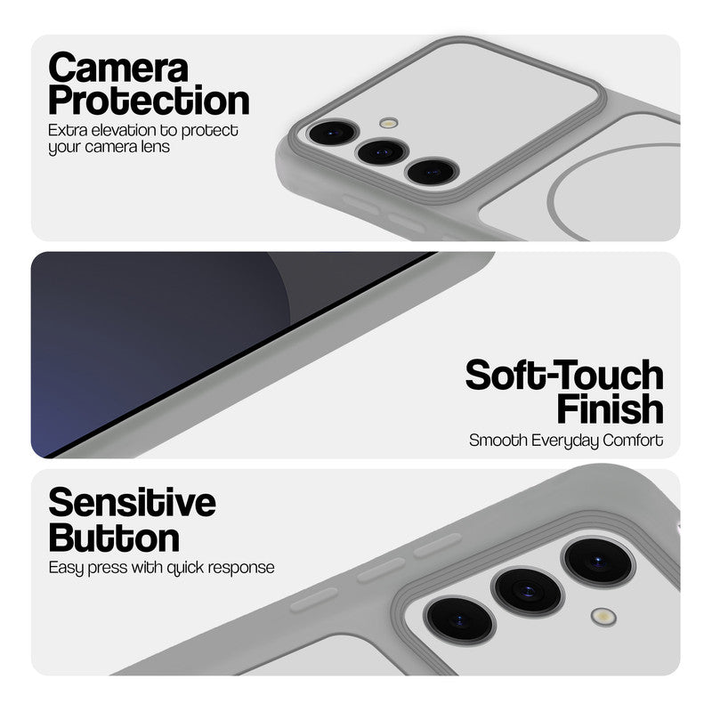 Grey-White phone case for Samsung S24 FE 5G showing camera safety edges, anti slip side grip and easy press button covers.