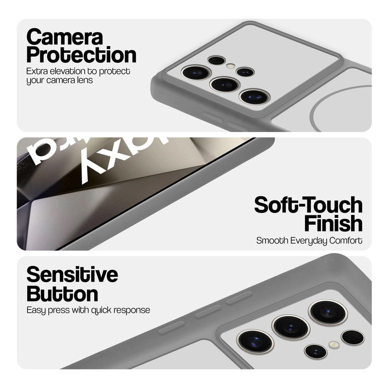 Grey-White phone case for Samsung S24 Ultra 5G showing camera safety edges, anti slip side grip and easy press button covers.