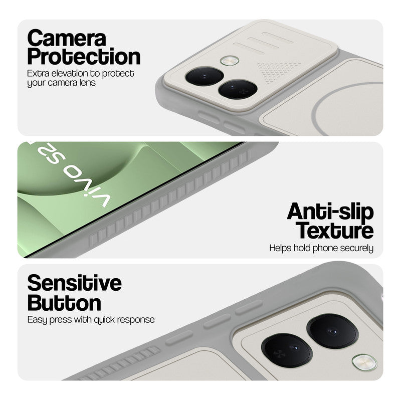 Grey-White phone case for Vivo S2 FE 5G showing camera safety edges, anti slip side grip and easy press button covers.
