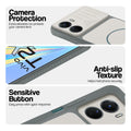 Grey-White phone case for Vivo T2x 5G showing camera safety edges, anti slip side grip and easy press button covers.