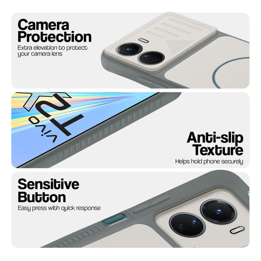 Grey-White phone case for Vivo T2x 5G showing camera safety edges, anti slip side grip and easy press button covers.