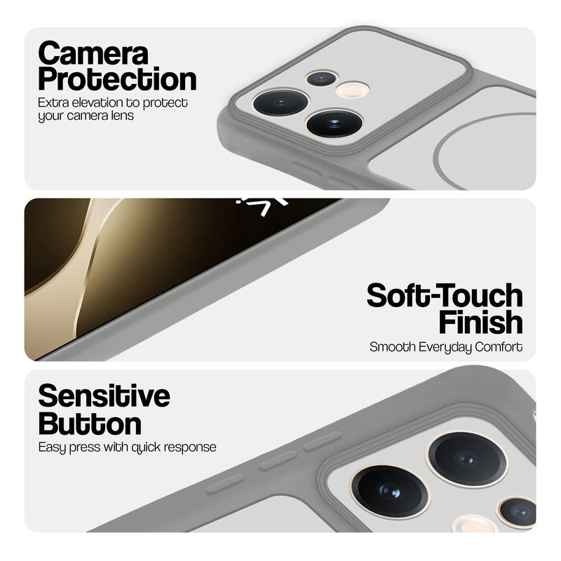 Grey-White phone case for Vivo T4 Pro 5G showing camera safety edges, anti slip side grip and easy press button covers.