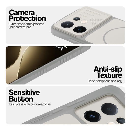 Grey-White phone case for Vivo T4 Pro 5G showing camera safety edges, anti slip side grip and easy press button covers.
