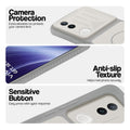 Grey-White phone case for Vivo T4R 5G showing camera safety edges, anti slip side grip and easy press button covers.
