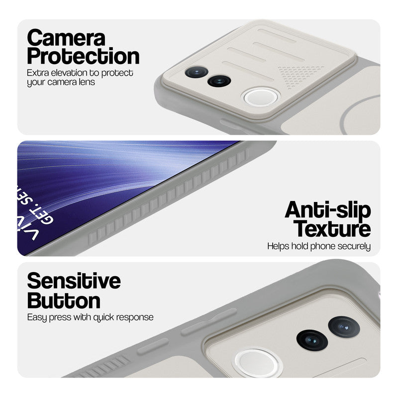 Grey-White phone case for Vivo T4R 5G showing camera safety edges, anti slip side grip and easy press button covers.