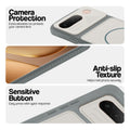 Grey-White phone case for Vivo T5 5G showing camera safety edges, anti slip side grip and easy press button covers.