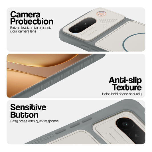 Grey-White phone case for Vivo T5 5G showing camera safety edges, anti slip side grip and easy press button covers.