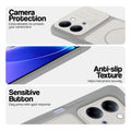 Grey-White phone case for Vivo T5 Lite 5G showing camera safety edges, anti slip side grip and easy press button covers.