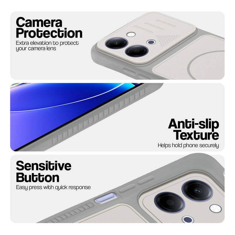Grey-White phone case for Vivo T5 Lite 5G showing camera safety edges, anti slip side grip and easy press button covers.