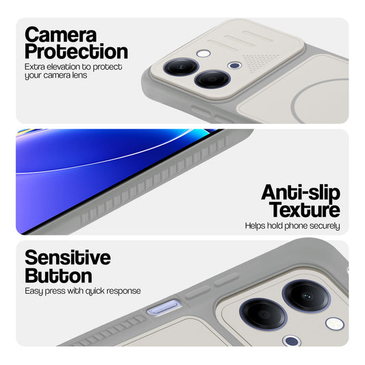 Grey-White phone case for Vivo T5 Lite 5G showing camera safety edges, anti slip side grip and easy press button covers.