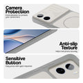Grey-White phone case for Vivo T5 Pro 5G showing camera safety edges, anti slip side grip and easy press button covers.
