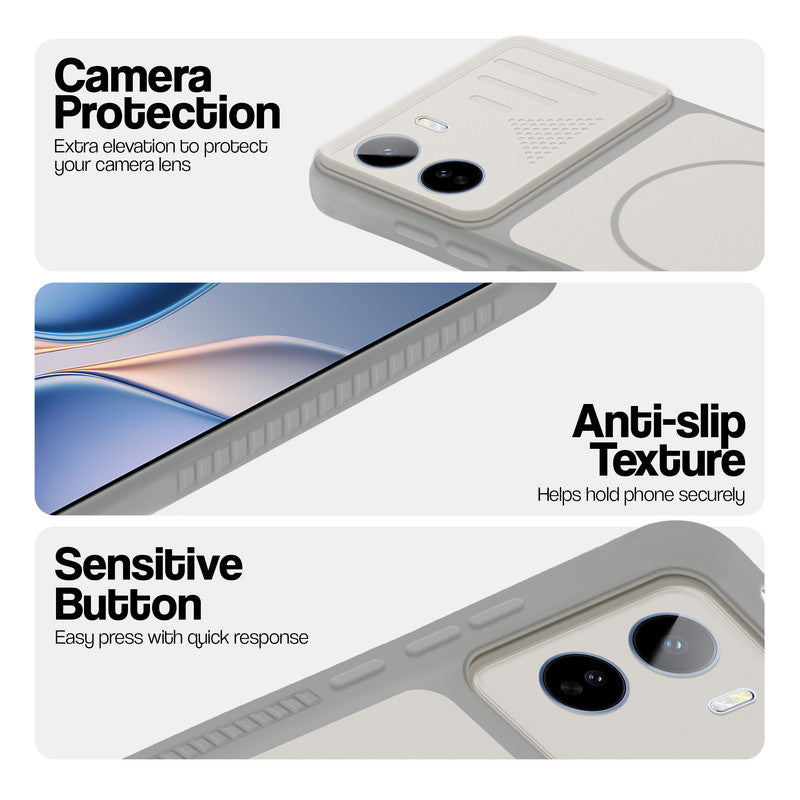 Grey-White phone case for Vivo T5 Pro 5G showing camera safety edges, anti slip side grip and easy press button covers.