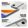 Grey-White phone case for Vivo T5e 5G showing camera safety edges, anti slip side grip and easy press button covers.