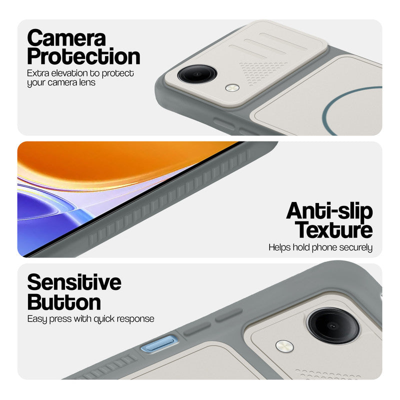 Grey-White phone case for Vivo T5e 5G showing camera safety edges, anti slip side grip and easy press button covers.