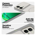 Grey-White phone case for Vivo T5x 5G showing camera safety edges, anti slip side grip and easy press button covers.