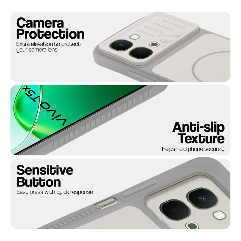 Grey-White phone case for Vivo T5x 5G showing camera safety edges, anti slip side grip and easy press button covers.