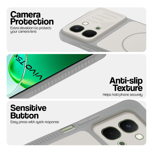 Grey-White phone case for Vivo T5x 5G showing camera safety edges, anti slip side grip and easy press button covers.