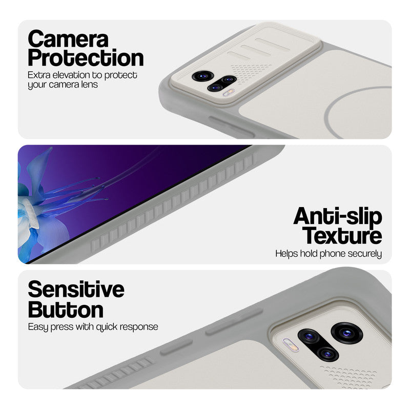 Grey-White phone case for Vivo V20 showing camera safety edges, anti slip side grip and easy press button covers.