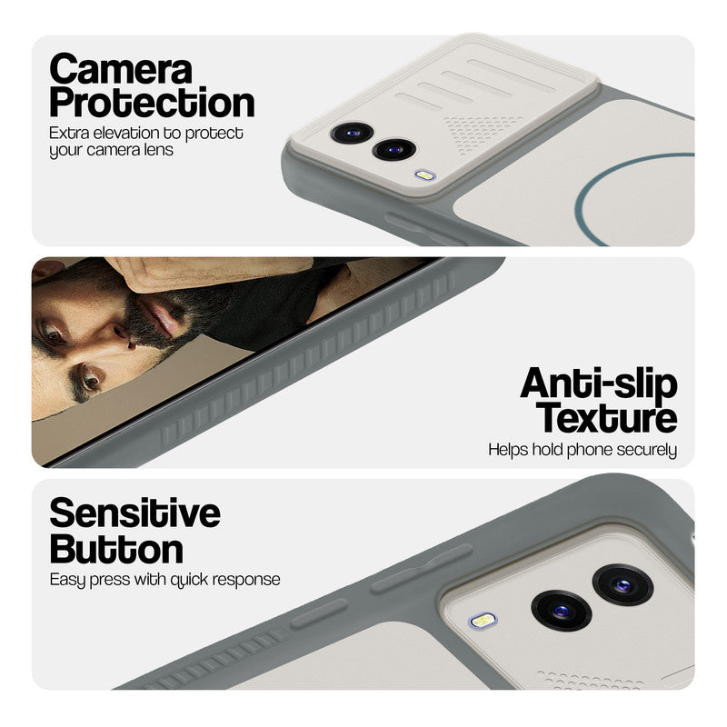 Grey-White phone case for Vivo V21e 5G showing camera safety edges, anti slip side grip and easy press button covers.