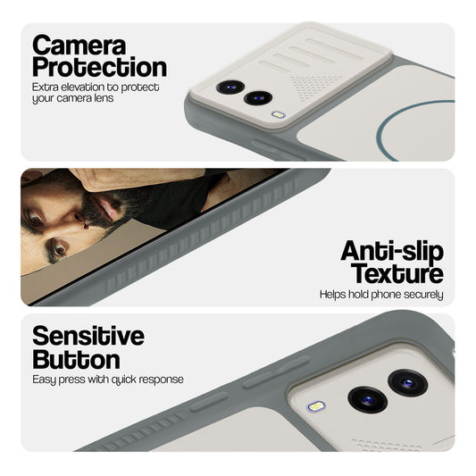 Grey-White phone case for Vivo V21e 5G showing camera safety edges, anti slip side grip and easy press button covers.