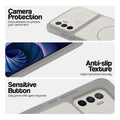 Grey-White phone case for Vivo V23e 5G showing camera safety edges, anti slip side grip and easy press button covers.