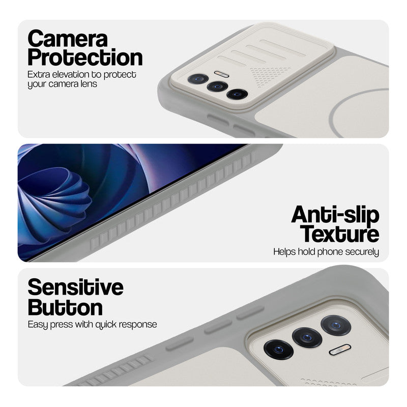 Grey-White phone case for Vivo V23e 5G showing camera safety edges, anti slip side grip and easy press button covers.