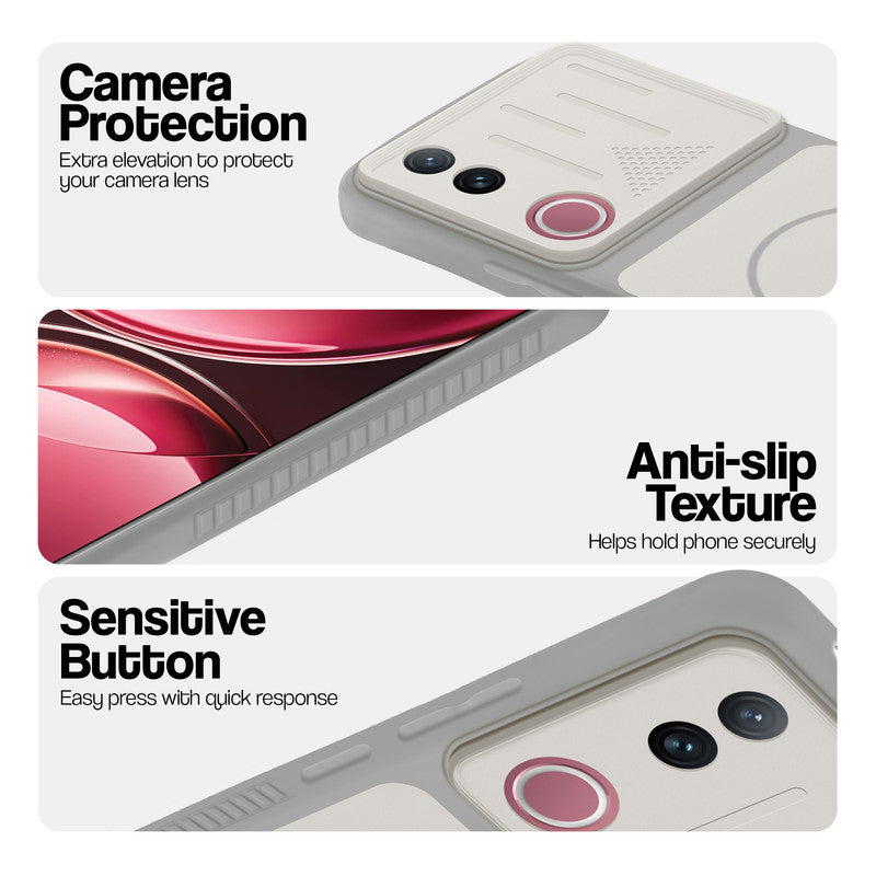 Grey-White phone case for Vivo V50 5G showing camera safety edges, anti slip side grip and easy press button covers.