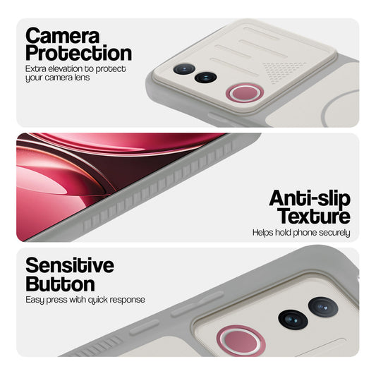 Grey-White phone case for Vivo V50 5G showing camera safety edges, anti slip side grip and easy press button covers.