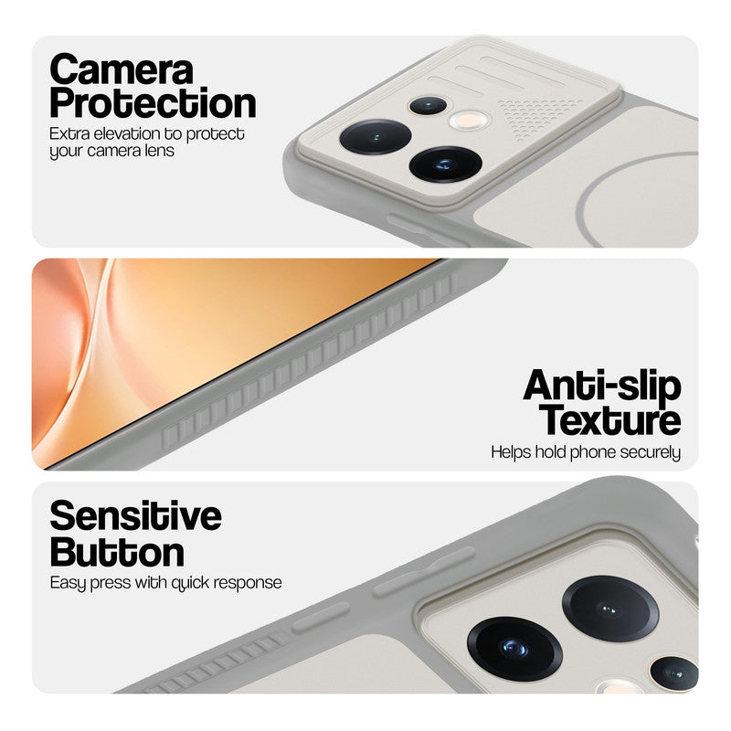 Grey-White phone case for Vivo V60 5G showing camera safety edges, anti slip side grip and easy press button covers.