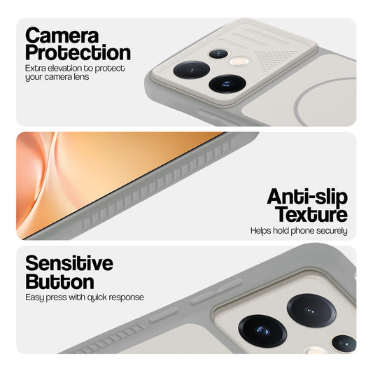 Grey-White phone case for Vivo V60 5G showing camera safety edges, anti slip side grip and easy press button covers.