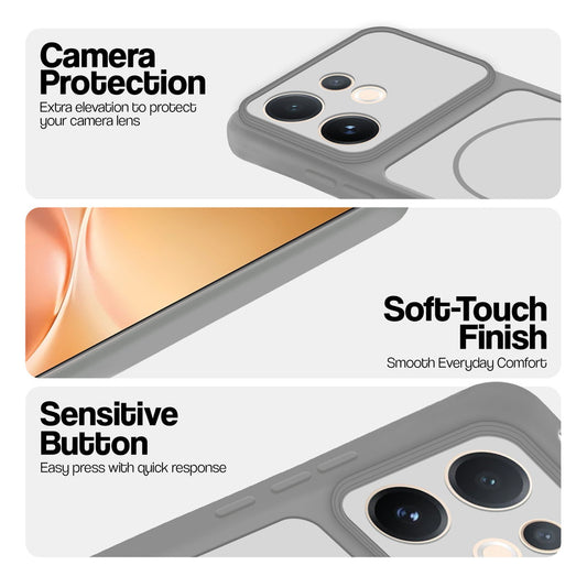 Grey-White phone case for Vivo V60 5G showing camera safety edges, anti slip side grip and easy press button covers.