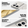 Grey-White phone case for Vivo V60E 5G showing camera safety edges, anti slip side grip and easy press button covers.