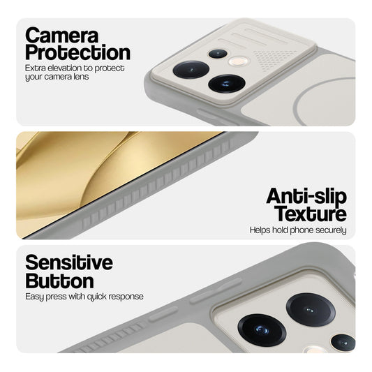 Grey-White phone case for Vivo V60E 5G showing camera safety edges, anti slip side grip and easy press button covers.