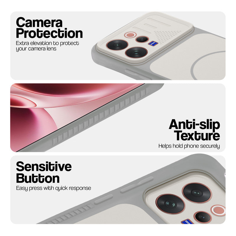 Grey-White phone case for Vivo V70 5G showing camera safety edges, anti slip side grip and easy press button covers.