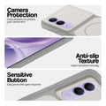 Grey-White phone case for Vivo V70 FE 5G showing camera safety edges, anti slip side grip and easy press button covers.