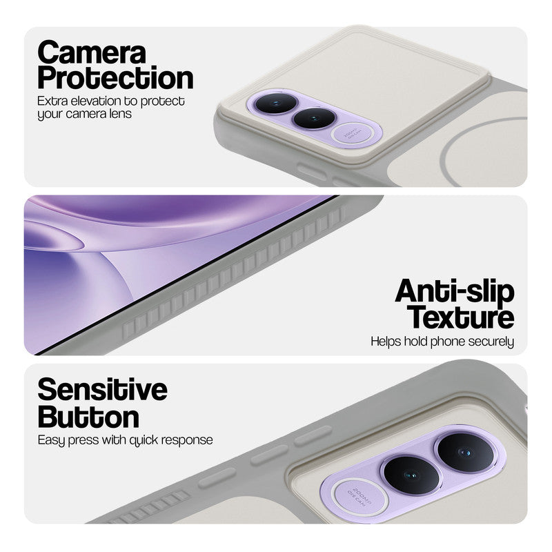 Grey-White phone case for Vivo V70 FE 5G showing camera safety edges, anti slip side grip and easy press button covers.