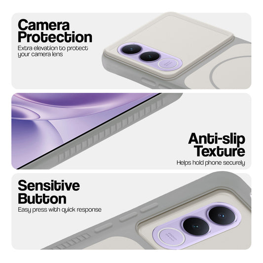 Grey-White phone case for Vivo V70 FE 5G showing camera safety edges, anti slip side grip and easy press button covers.