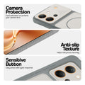 Grey-White phone case for Vivo V80 5G showing camera safety edges, anti slip side grip and easy press button covers.