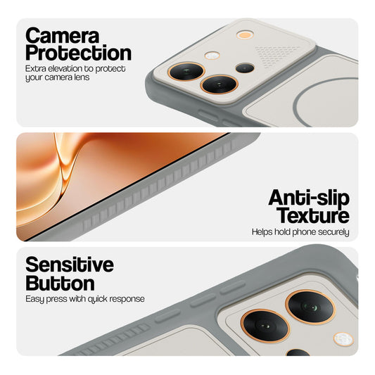 Grey-White phone case for Vivo V80 5G showing camera safety edges, anti slip side grip and easy press button covers.