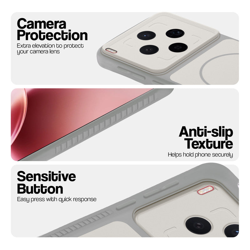Grey-White phone case forMotorola Vivo X300 5G showing camera safety edges, anti slip side grip and easy press button covers.