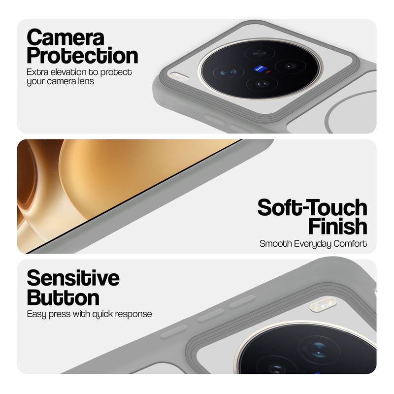 Grey-White phone case for Vivo X300 Pro 5G showing camera safety edges, anti slip side grip and easy press button covers.